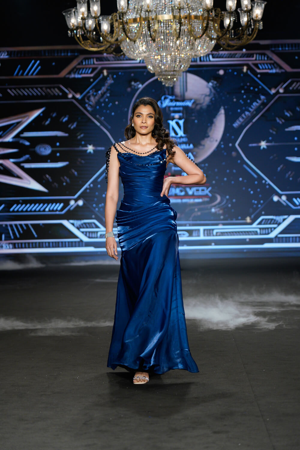 Azure- Teal Blue Draped Gown - NSL FASHION PVT LTD