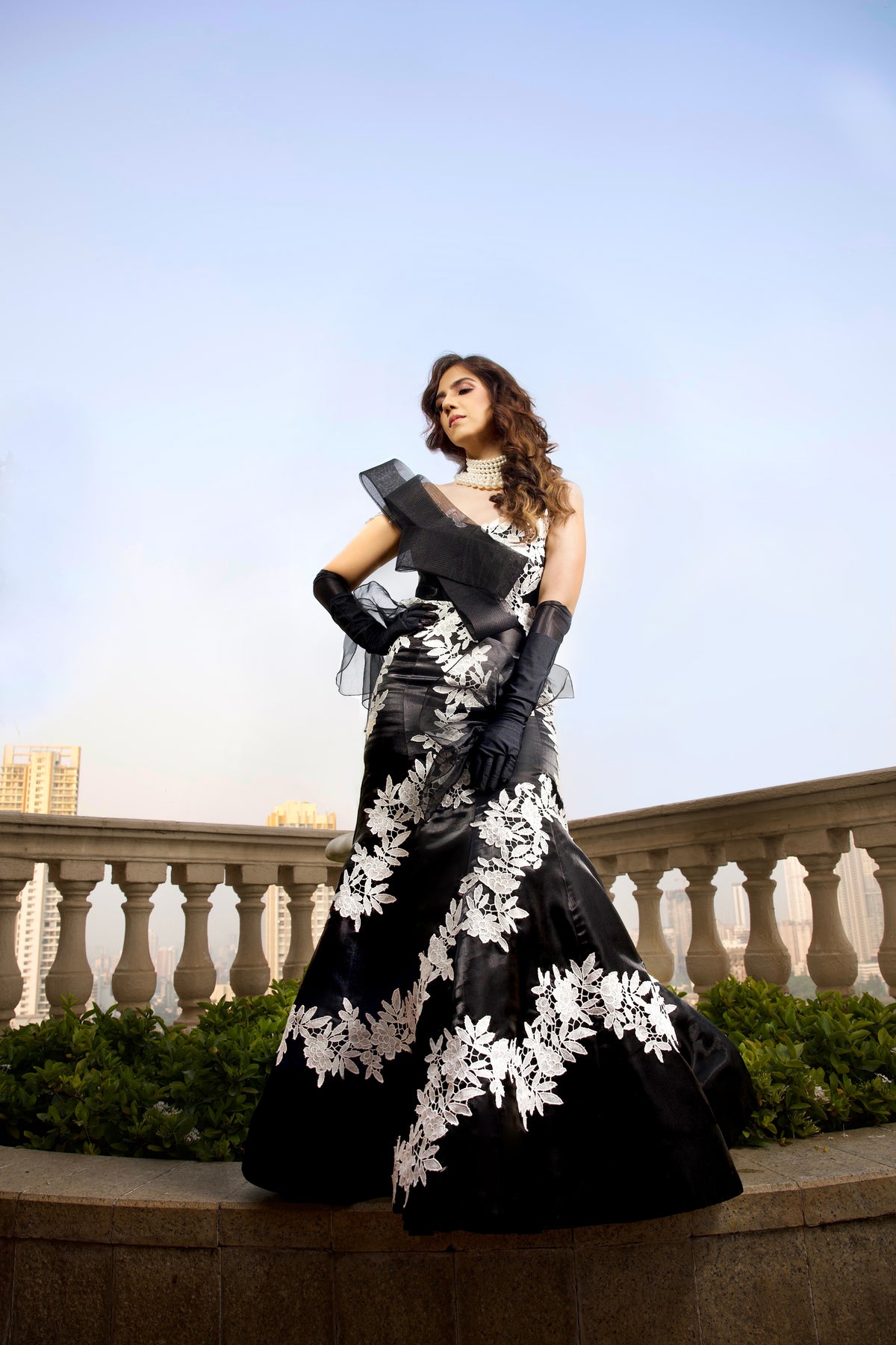 Glamorous Black Draped Corset & Floral Lace Trumpet Skirt Set - NSL FASHION PVT LTD