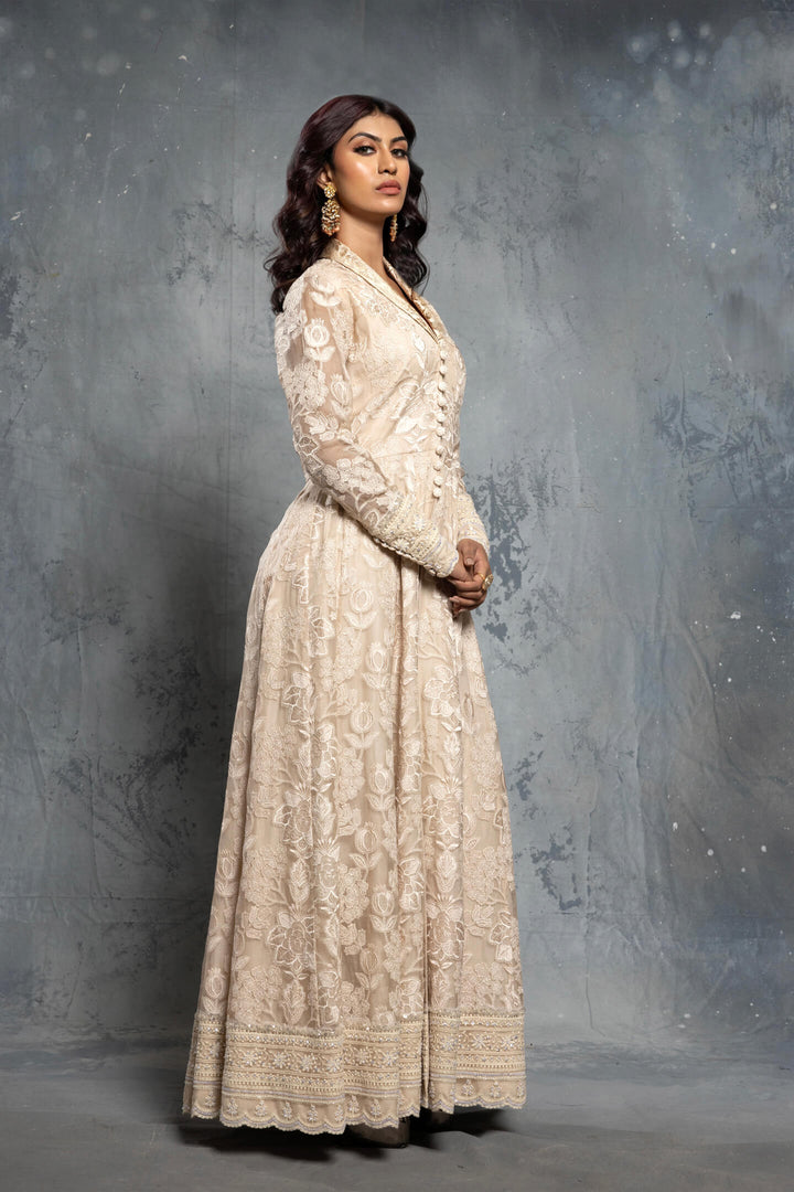 Ecru Thread Work Embroidered Jacket-Style Anarkali Set