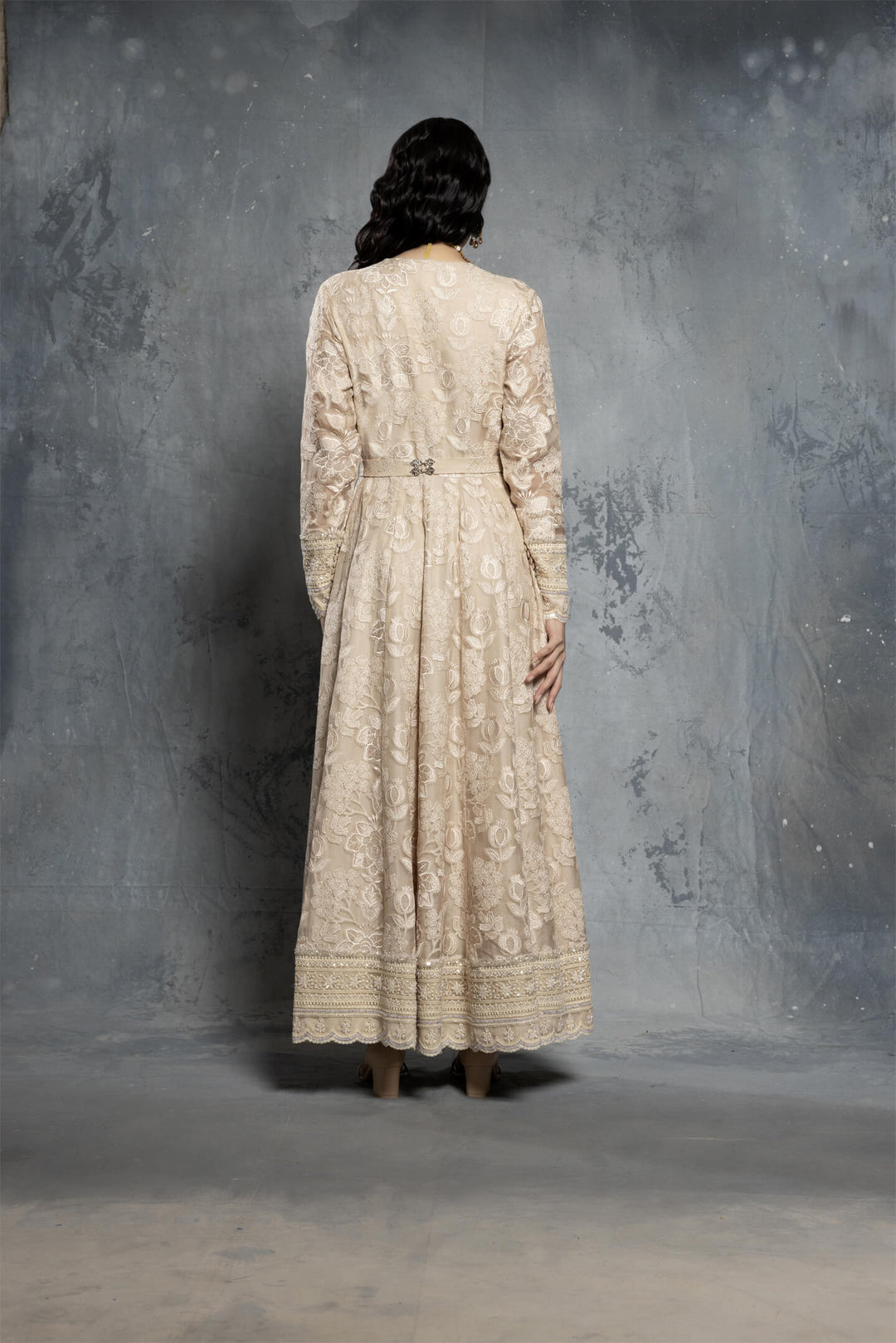 Ecru Thread Work Embroidery Tropical Motif Anarkali Set