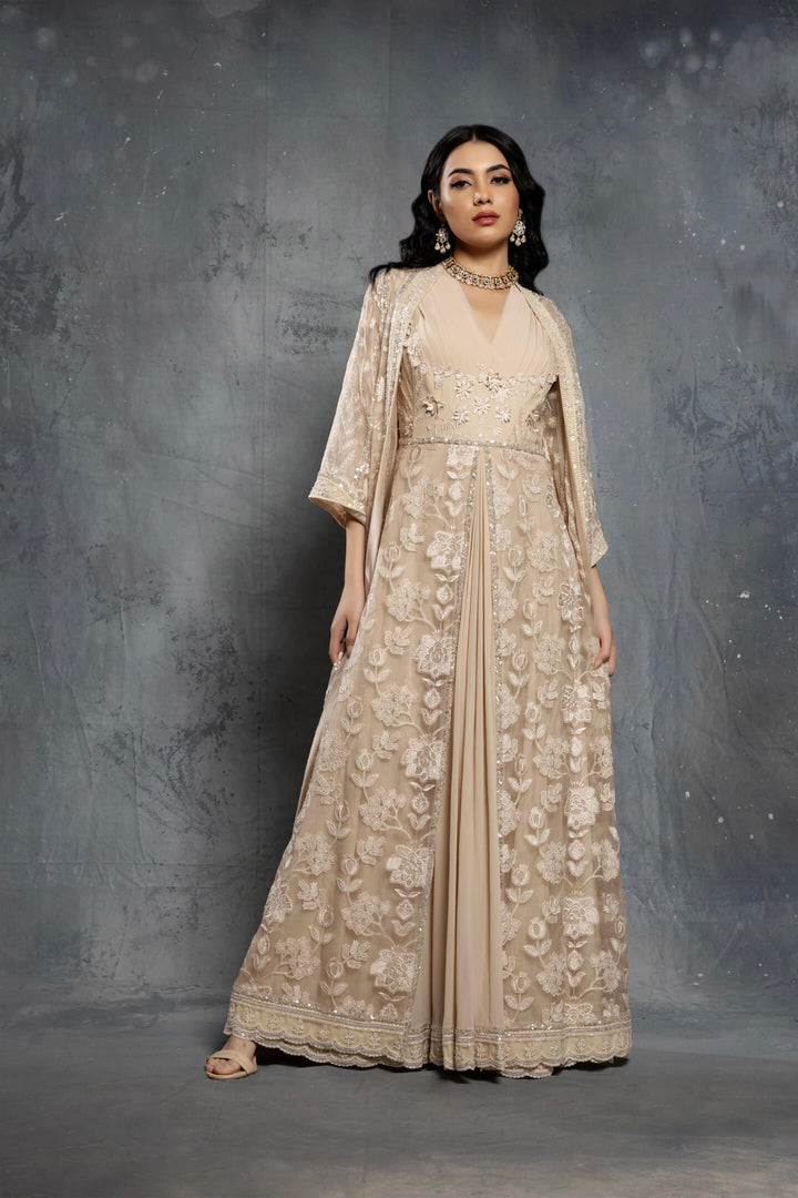 Ecru Threadwork Embroidered Anarkali Set with Jacket