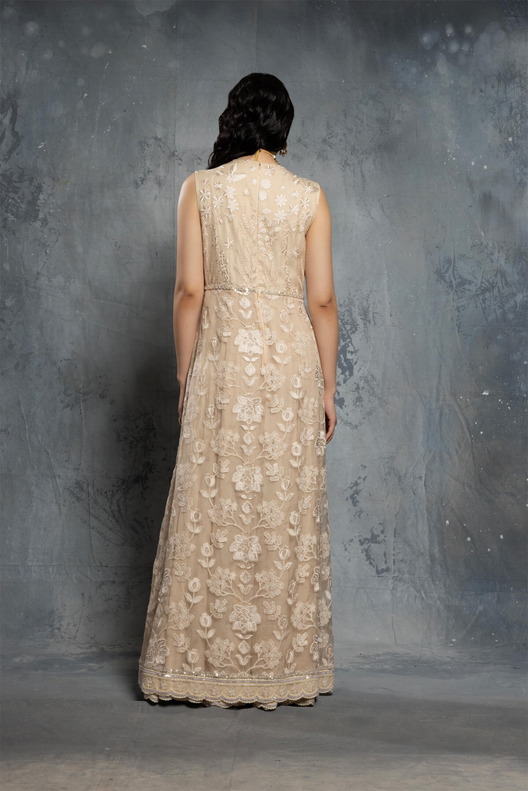 Ecru Threadwork Embroidered Anarkali Set with Jacket