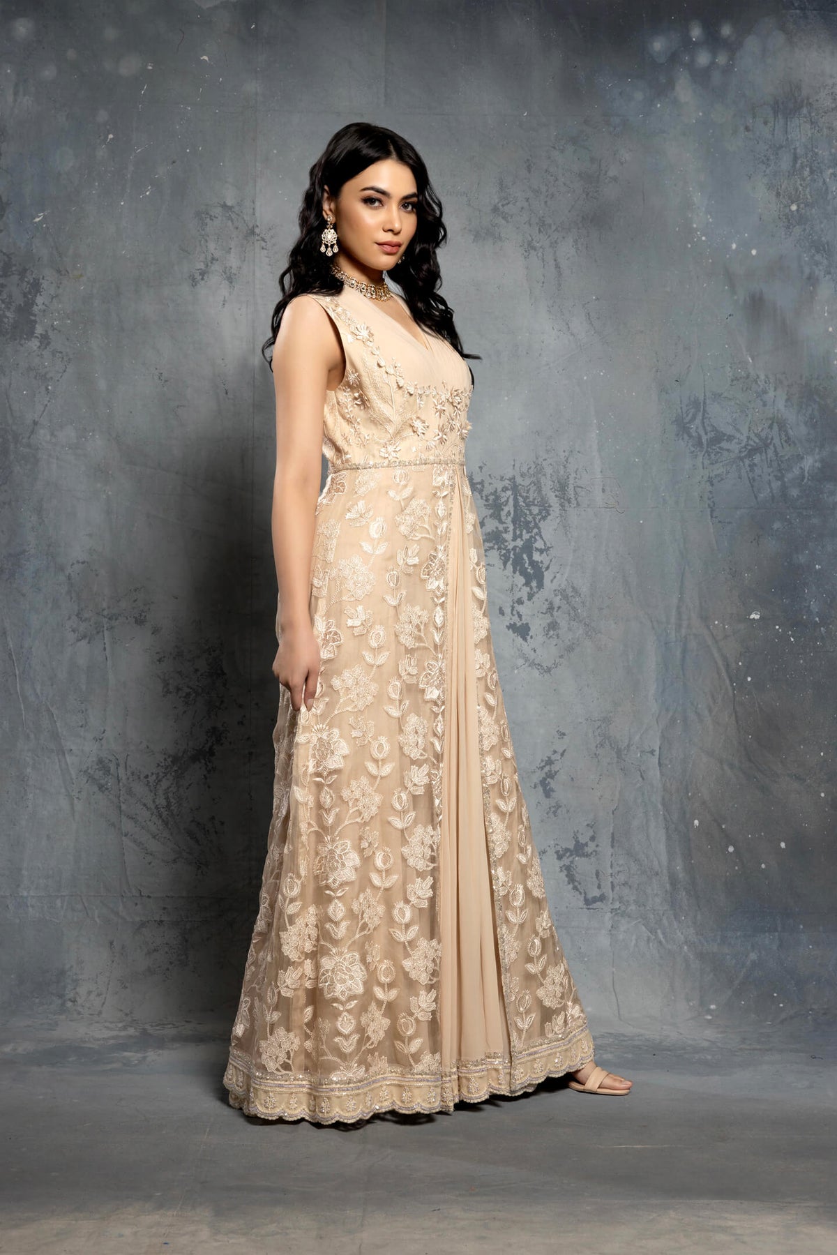 Ecru Threadwork Embroidered Anarkali Set with Jacket - NSL FASHION PVT LTD