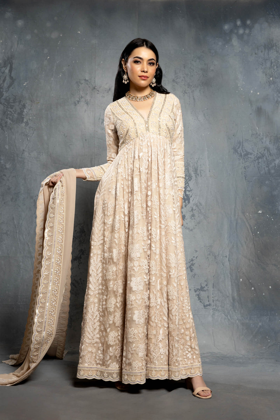 Ecru Threadwork Embroidered Long-Sleeve Anarkali Set