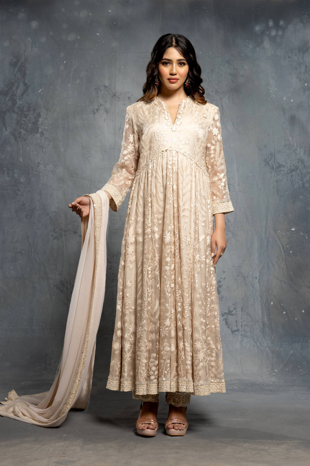 Ecru Threadwork Embroidery  Anarkali Set