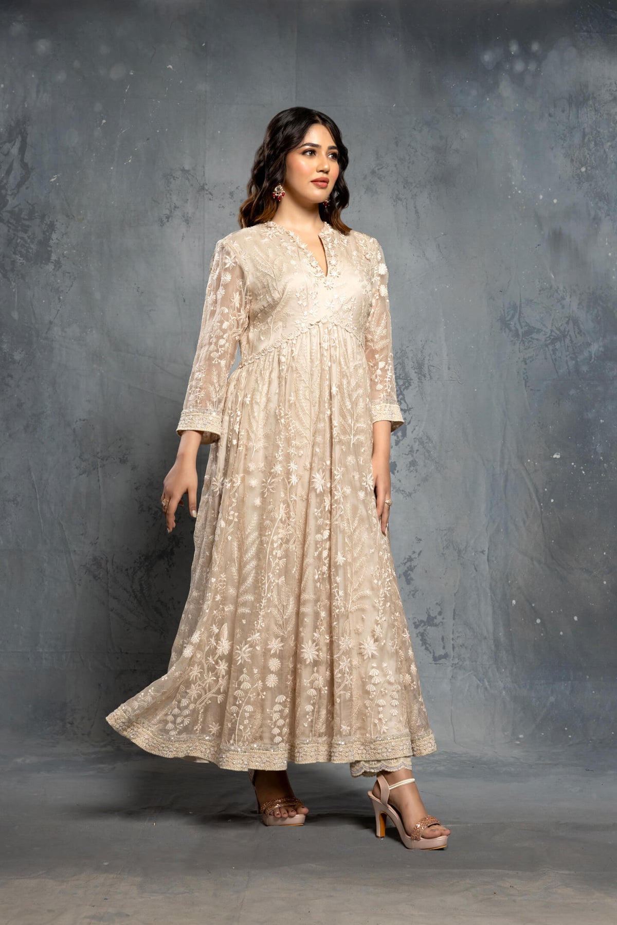 Ecru Threadwork Embroidery Anarkali Set - NSL FASHION PVT LTD