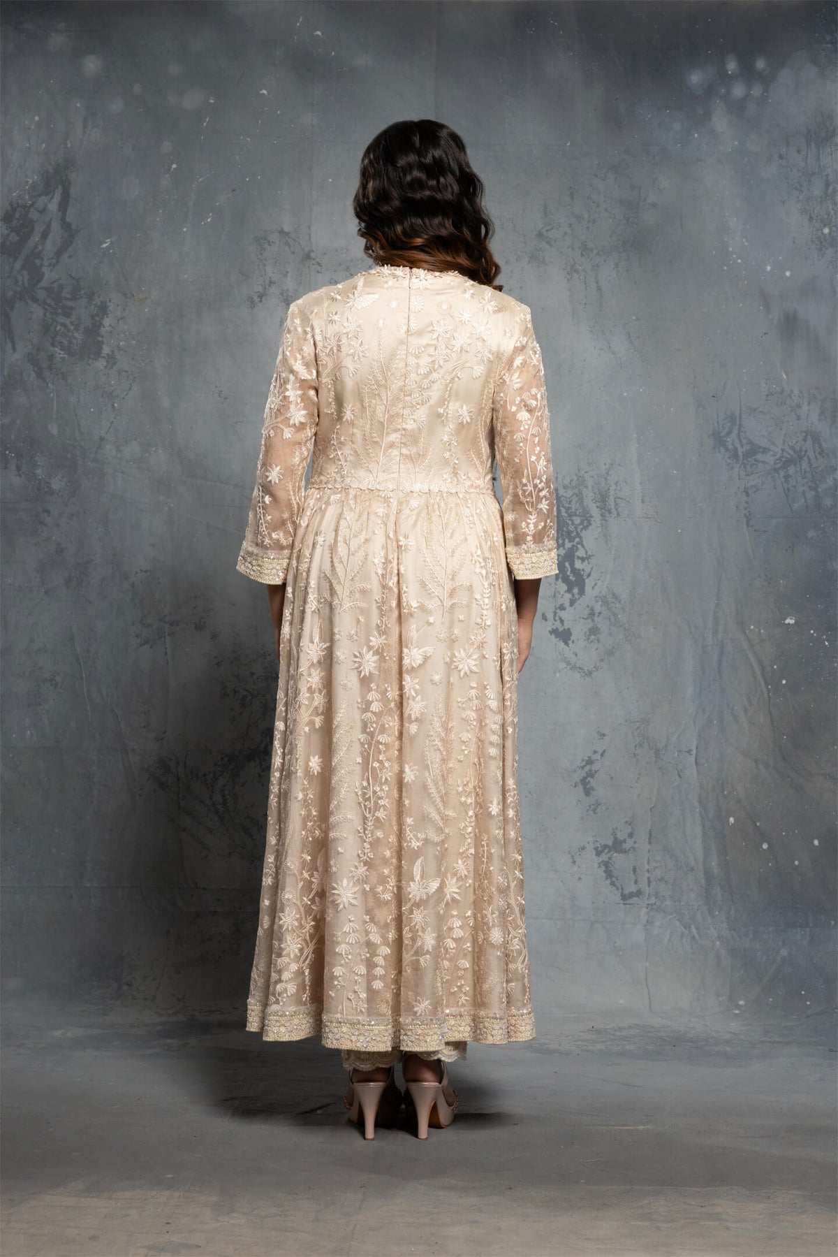 Ecru Threadwork Embroidery Anarkali Set - NSL FASHION PVT LTD