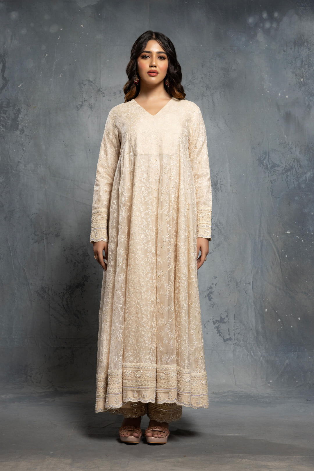 Ecru V-Neck Threadwork Embroidered Anarkali Set