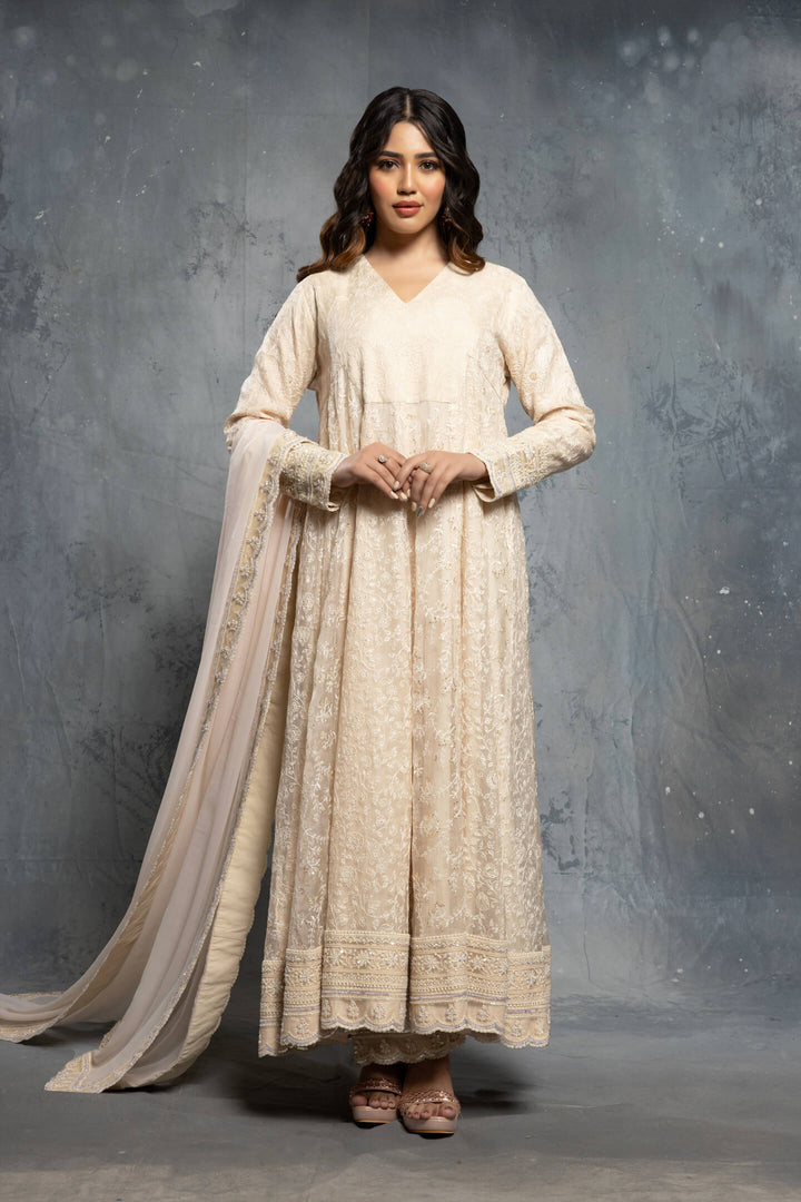 Ecru V-Neck Threadwork Embroidered Anarkali Set