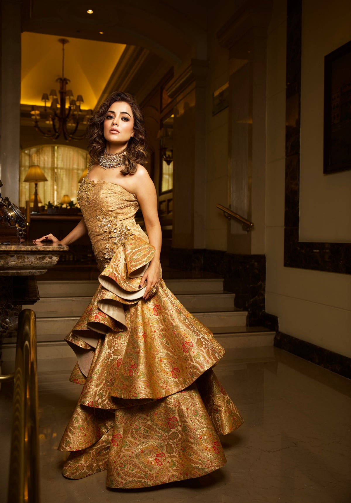 Golden Elegance: Vintage Brocade Sequin Evening Gown - NSL FASHION PVT LTD