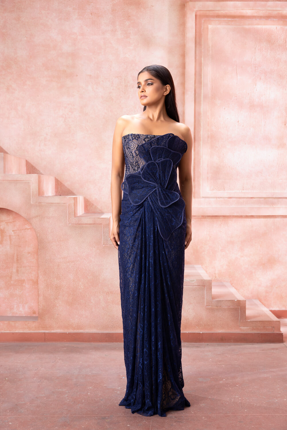 Ocean Bloom- Sapphire Blue Strapless Blue Gown - NSL FASHION PVT LTD