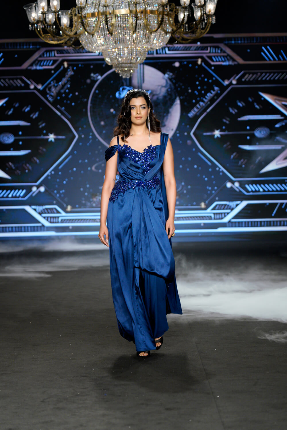 Velouria - Royal Blue Charmuse Satine Gown - NSL FASHION PVT LTD