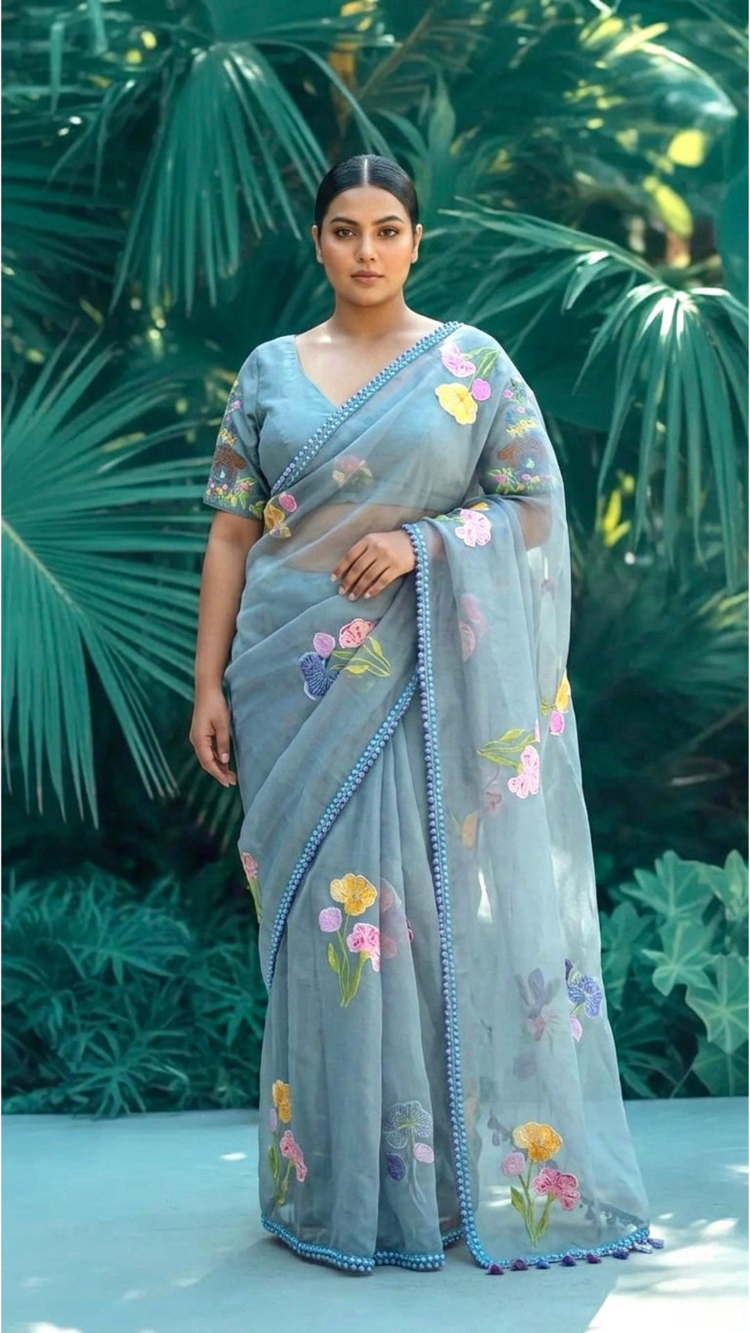 Powder Blue Floral Organza Saree