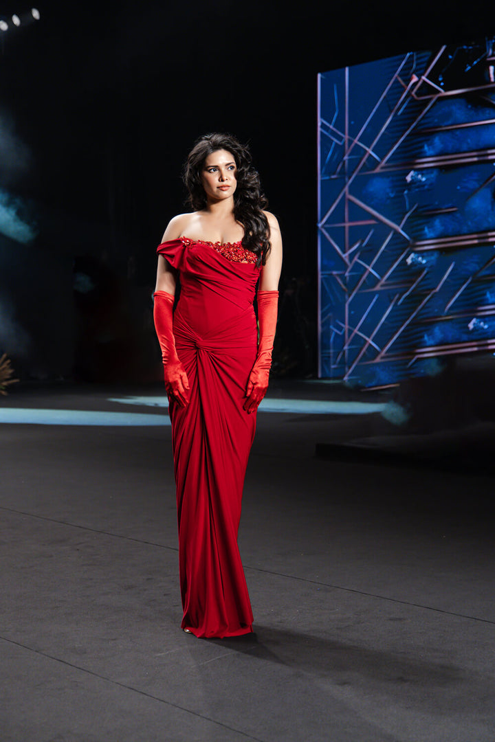 Vera - Scarlet Red Off Shoulder Gown