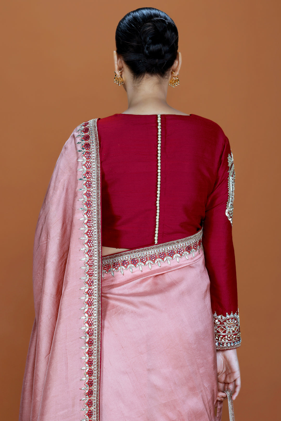 Silk Pink Saree Set with Mirrorwork & Red Blouse - NSL FASHION PVT LTD
