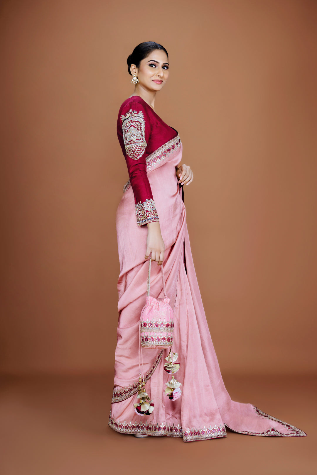 Silk Pink Saree Set with Mirrorwork & Red Blouse - NSL FASHION PVT LTD