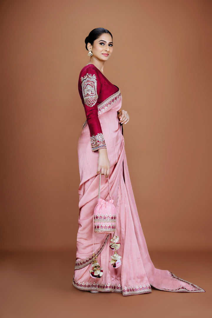 Silk Pink Saree Set with Mirrorwork & Red Blouse - NSL FASHION PVT LTD