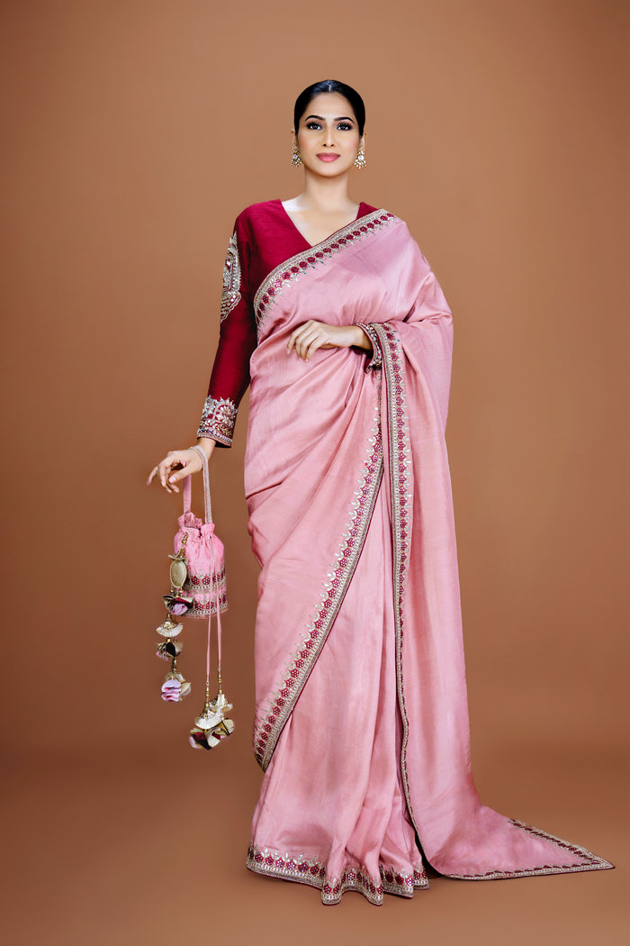 Silk Pink Saree Set with Mirrorwork & Red Blouse - NSL FASHION PVT LTD