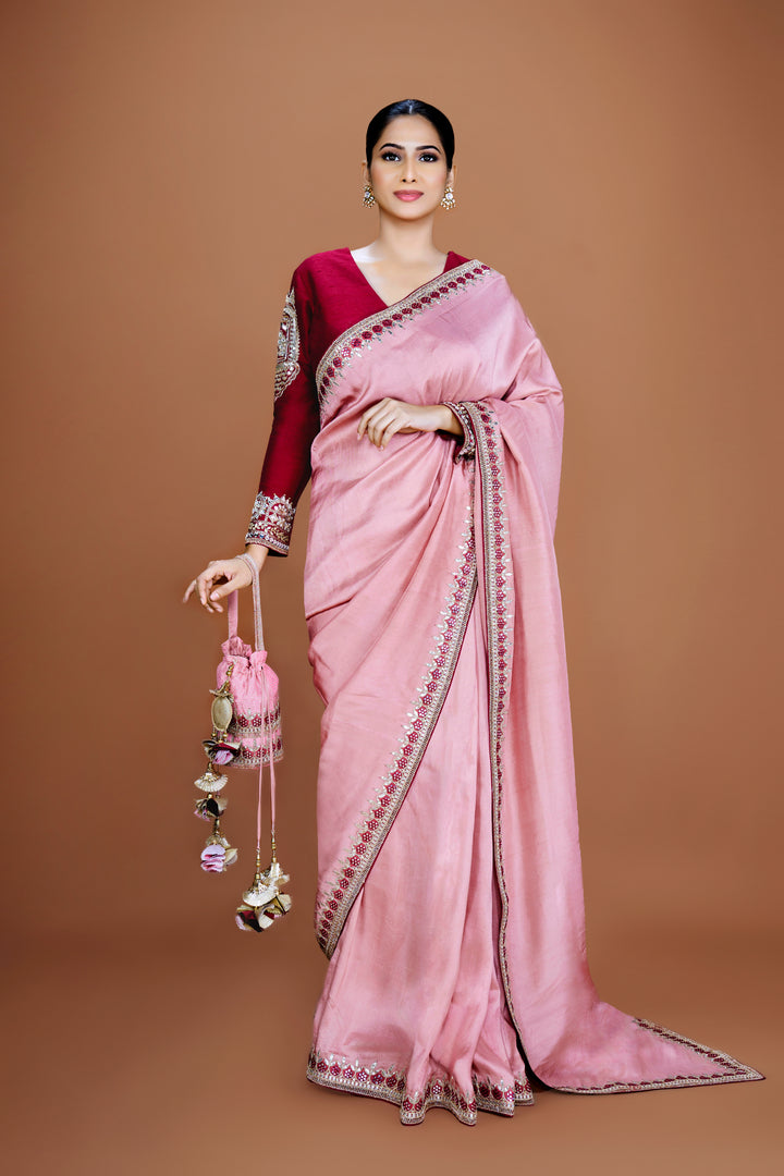 Silk Pink Saree Set with Mirrorwork & Red Blouse - NSL FASHION PVT LTD