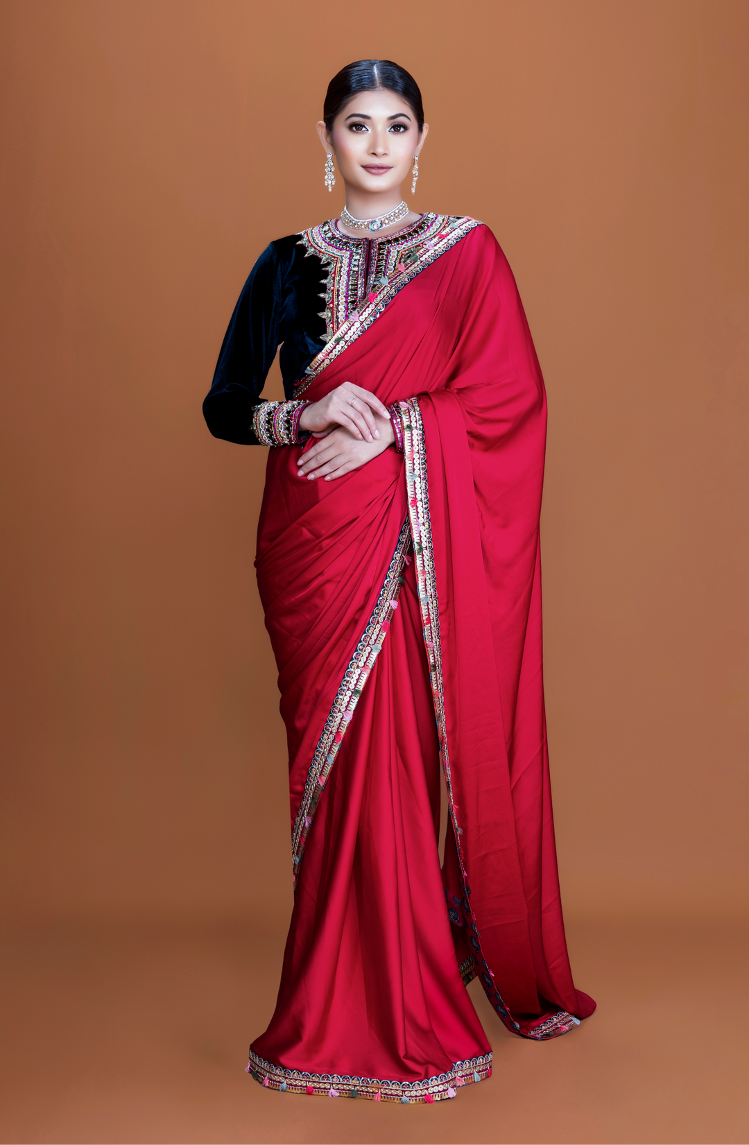 Cherry Red Silk Saree with Velvet Blouse & Embellished Potli - NSL FASHION PVT LTD
