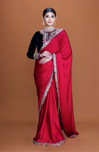 Cherry Red Silk Saree with Velvet Blouse & Embellished Potli - NSL FASHION PVT LTD