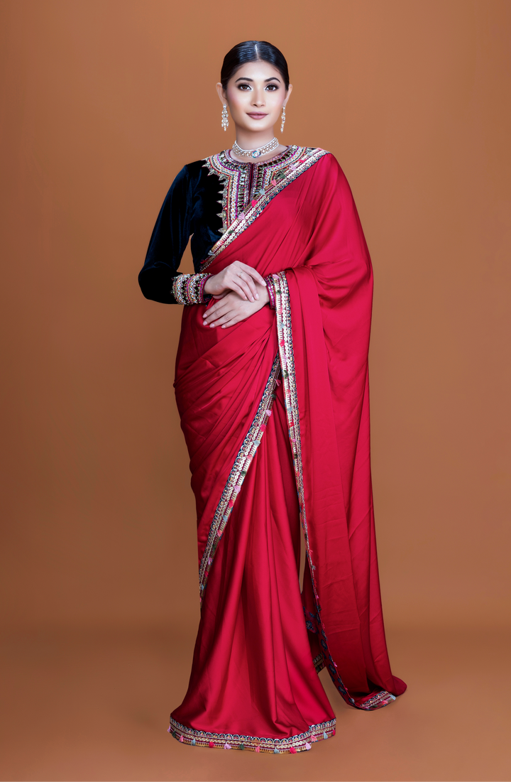 Cherry Red Silk Saree with Velvet Blouse & Embellished Potli - NSL FASHION PVT LTD