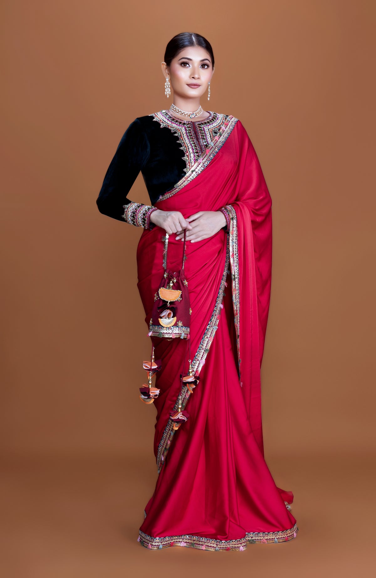 Cherry Red Silk Saree with Velvet Blouse & Embellished Potli - NSL FASHION PVT LTD