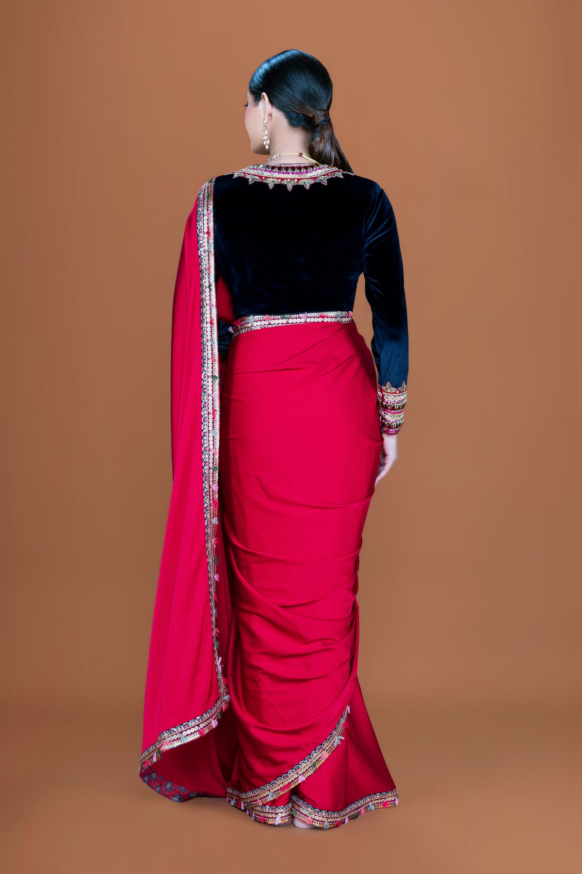 Cherry Red Silk Saree with Velvet Blouse & Embellished Potli - NSL FASHION PVT LTD