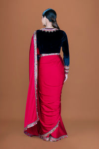 Cherry Red Silk Saree with Velvet Blouse & Embellished Potli - NSL FASHION PVT LTD