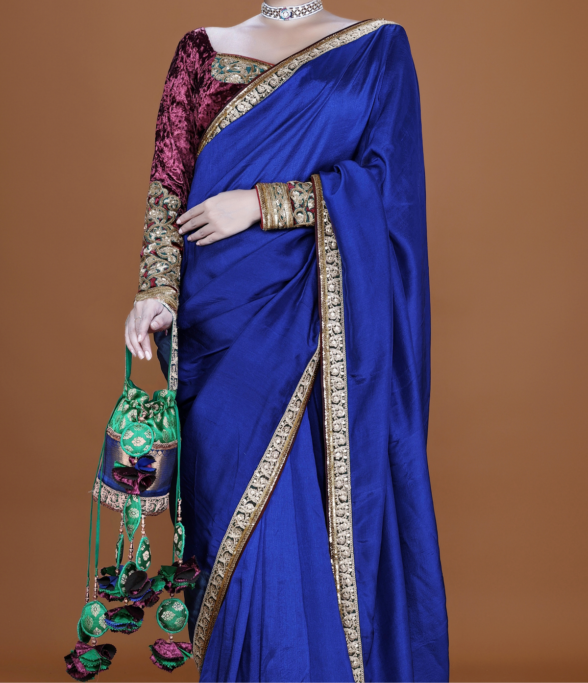 Indigo Silk Saree Set with Velvet Blouse & Potli Bag - NSL FASHION PVT LTD