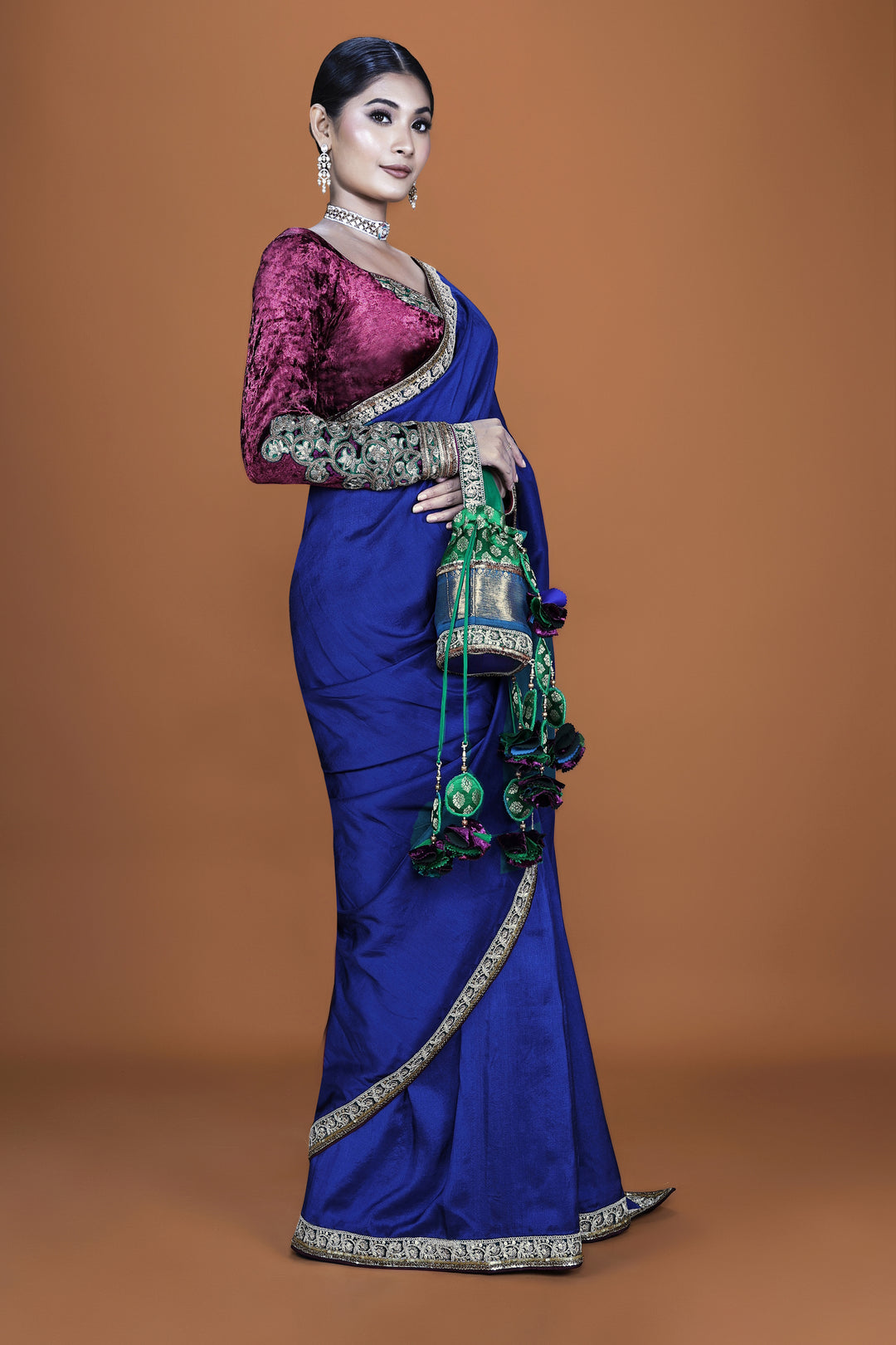 Indigo Silk Saree Set with Velvet Blouse & Potli Bag - NSL FASHION PVT LTD