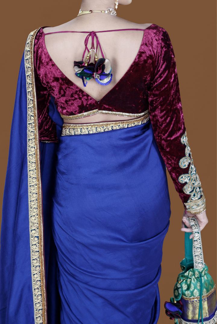 Indigo Silk Saree Set with Velvet Blouse & Potli Bag - NSL FASHION PVT LTD