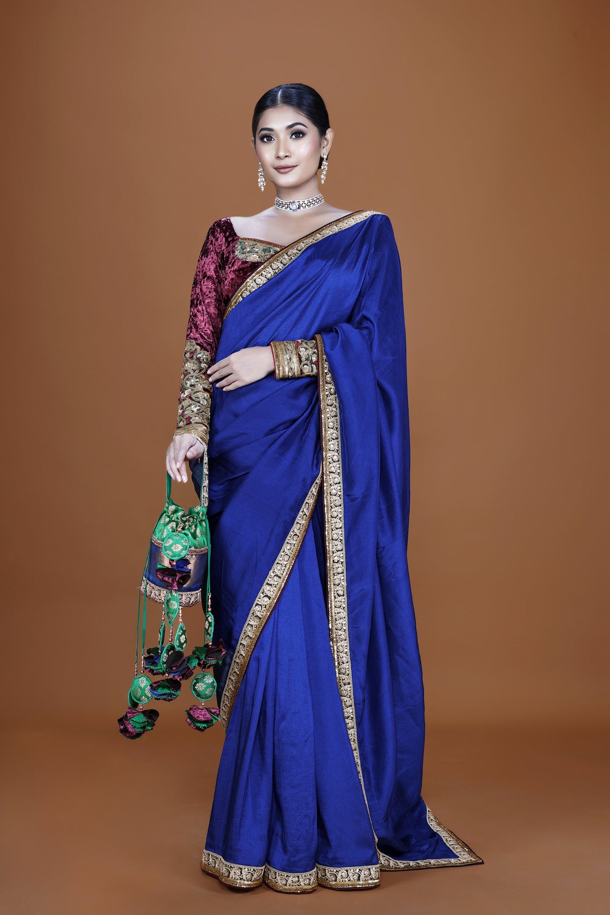 Indigo Silk Saree Set with Velvet Blouse & Potli Bag - NSL FASHION PVT LTD