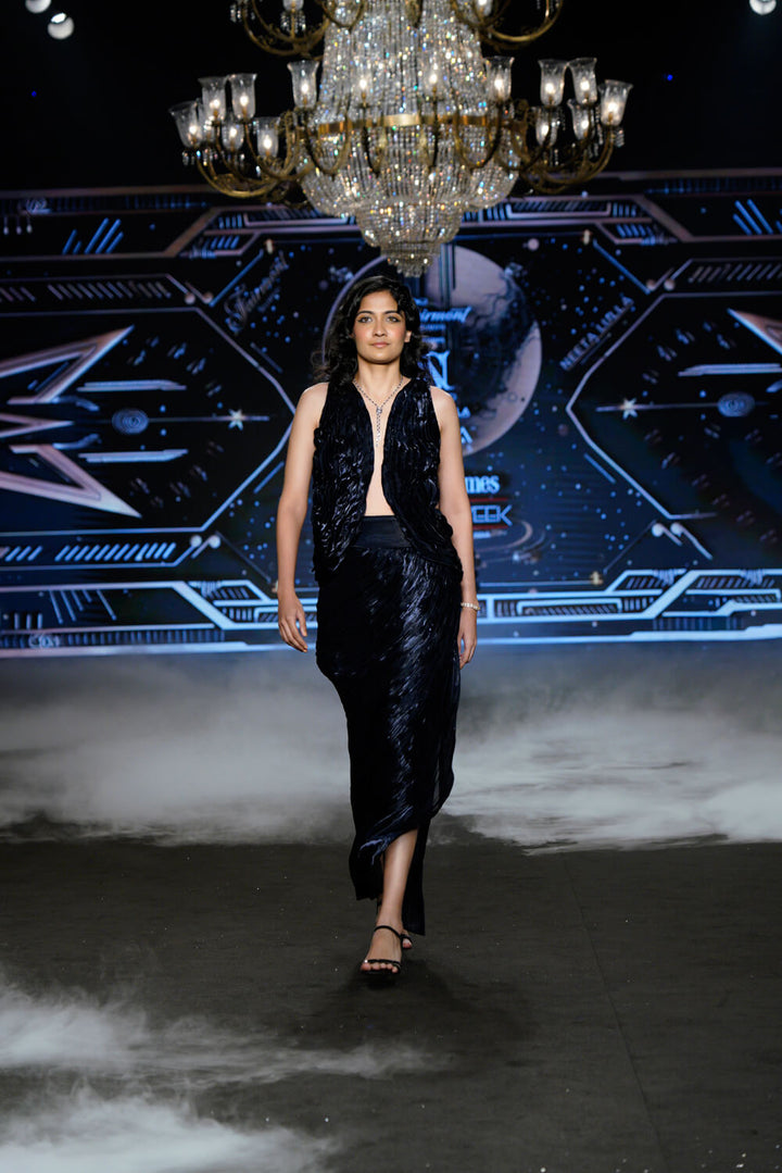 Aloha - Midnight Blue Pleated Draped SKirt Set - NSL FASHION PVT LTD