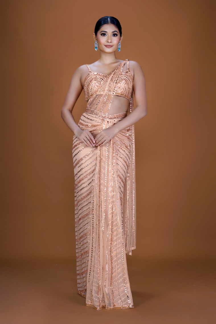 Celestial Copper Symphony Tulle Saree with Crystal Sequins - NSL FASHION PVT LTD