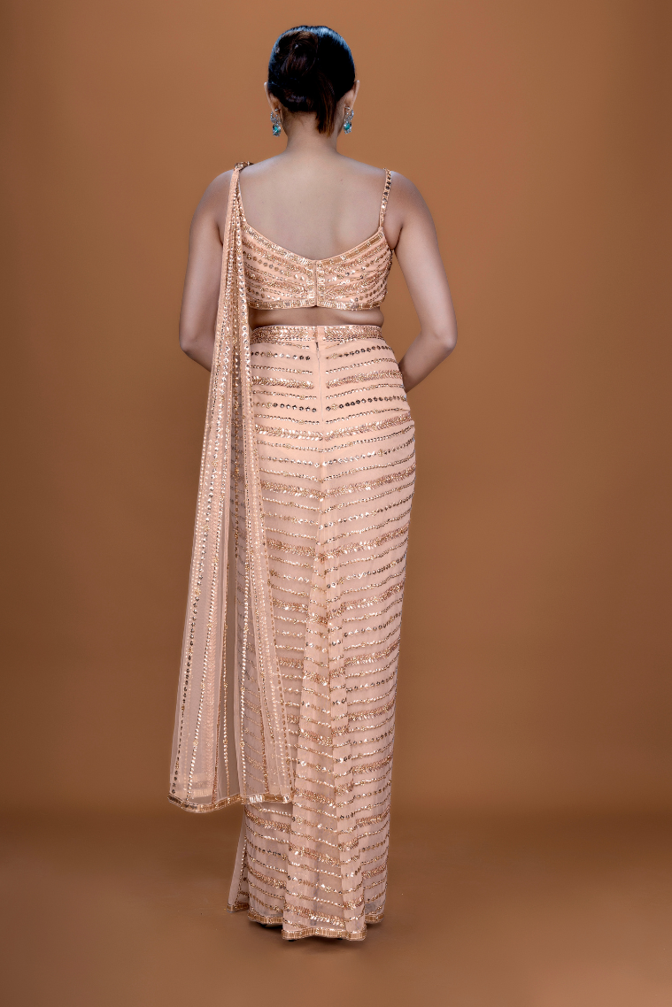 Celestial Copper Symphony Tulle Saree with Crystal Sequins - NSL FASHION PVT LTD