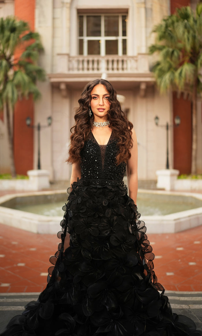 Midnight Elegance: Couture Black Sequin & Crystal Embellished Gown - NSL FASHION PVT LTD