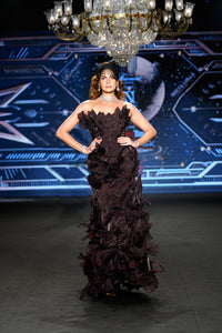 Belladonna - Oxblood 3D Floral Petal Textured Gown - NSL FASHION PVT LTD