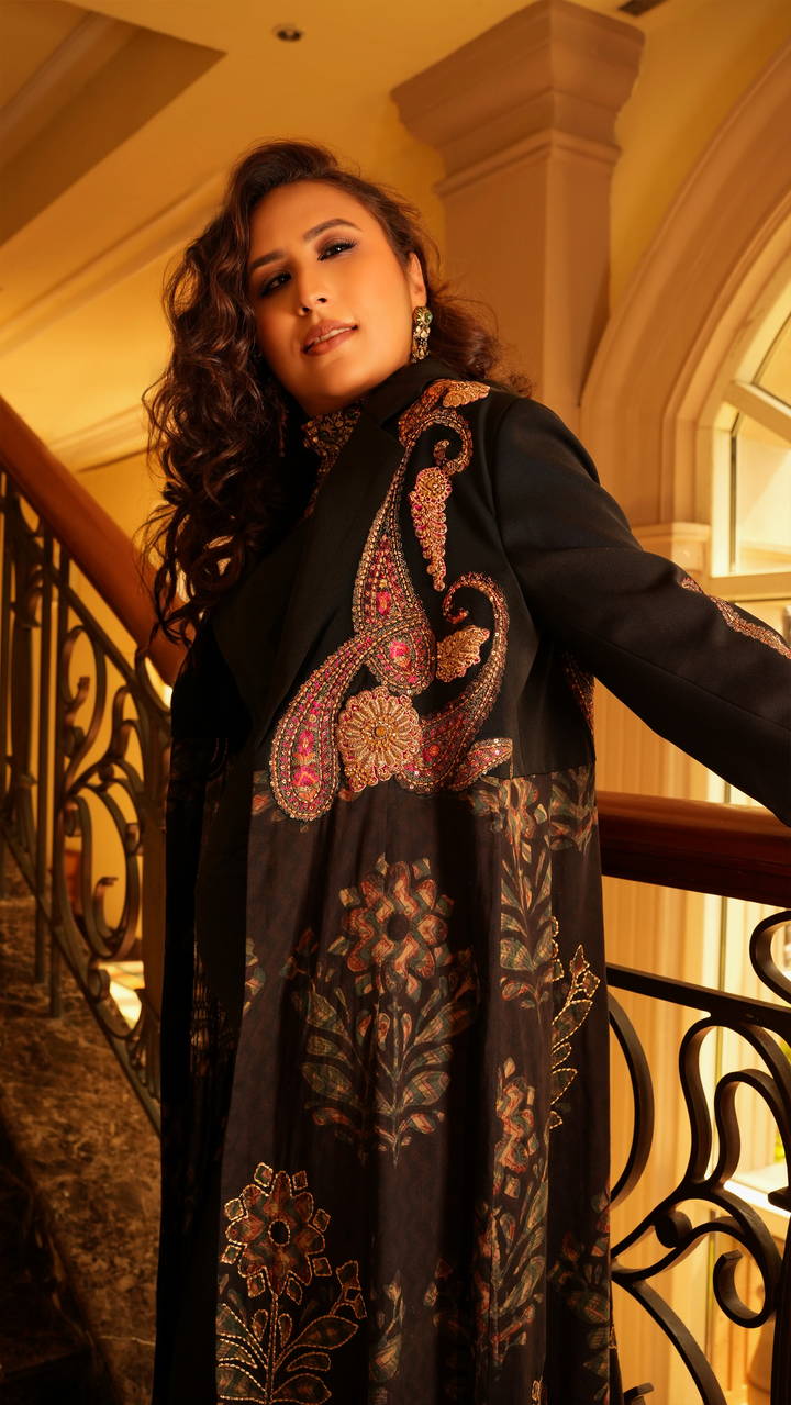Paisley Elegance: Embroidered Sheath Gown with Bagru Print Coat - NSL FASHION PVT LTD