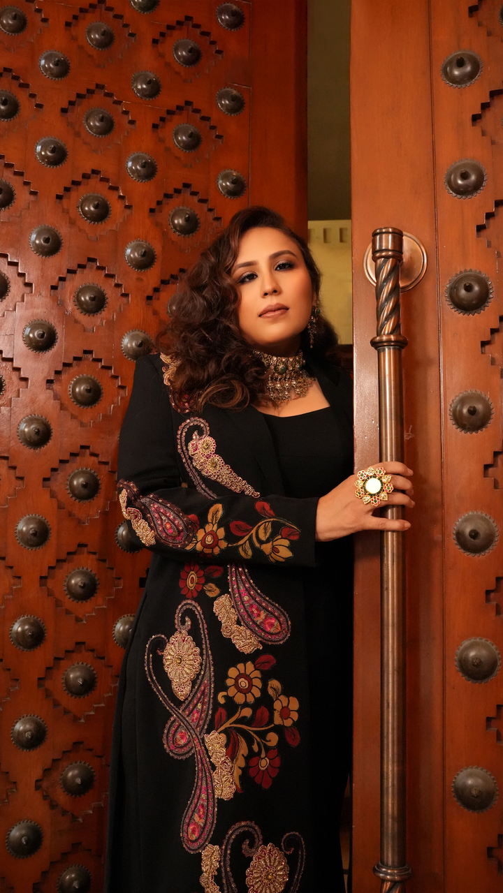 Paisley Elegance: Embroidered Sheath Gown with Bagru Print Coat - NSL FASHION PVT LTD