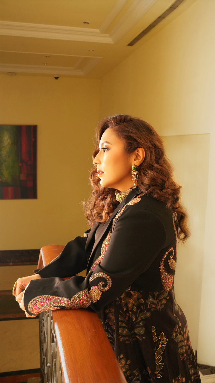 Paisley Elegance: Embroidered Sheath Gown with Bagru Print Coat - NSL FASHION PVT LTD