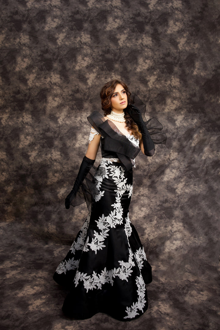 Glamorous Black Draped Corset & Floral Lace Trumpet Skirt Set - NSL FASHION PVT LTD