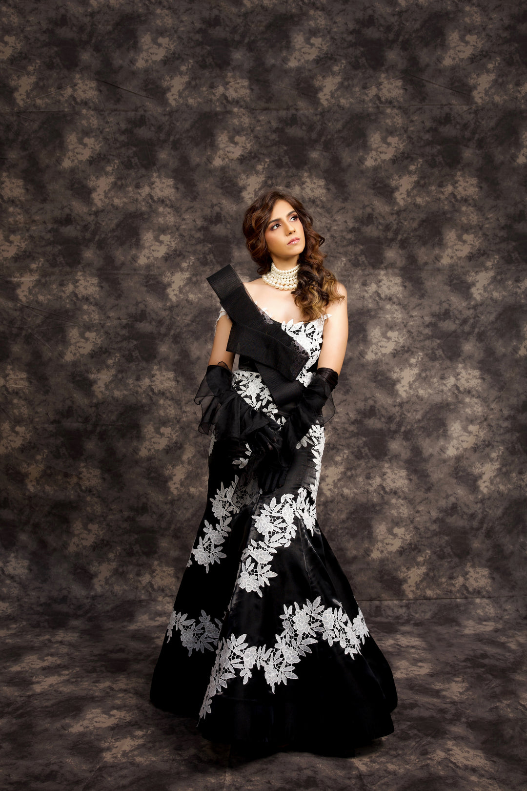 Glamorous Black Draped Corset & Floral Lace Trumpet Skirt Set - NSL FASHION PVT LTD