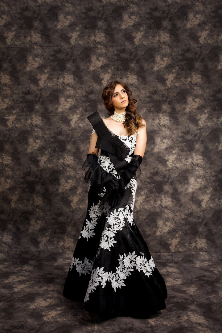 Glamorous Black Draped Corset & Floral Lace Trumpet Skirt Set - NSL FASHION PVT LTD