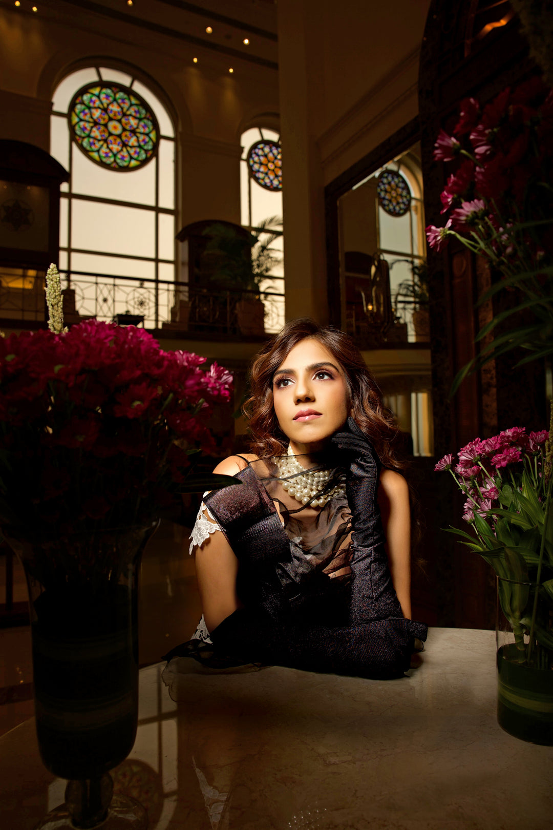 Glamorous Black Draped Corset & Floral Lace Trumpet Skirt Set - NSL FASHION PVT LTD