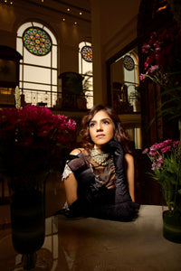 Glamorous Black Draped Corset & Floral Lace Trumpet Skirt Set - NSL FASHION PVT LTD