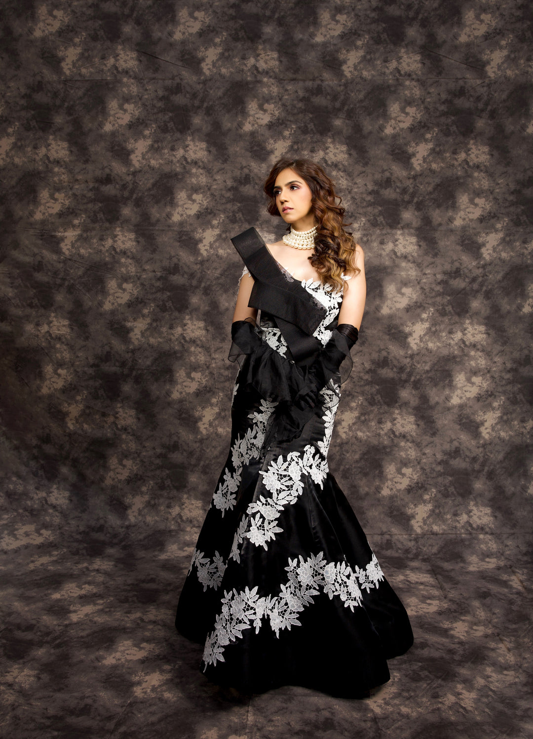 Glamorous Black Draped Corset & Floral Lace Trumpet Skirt Set - NSL FASHION PVT LTD