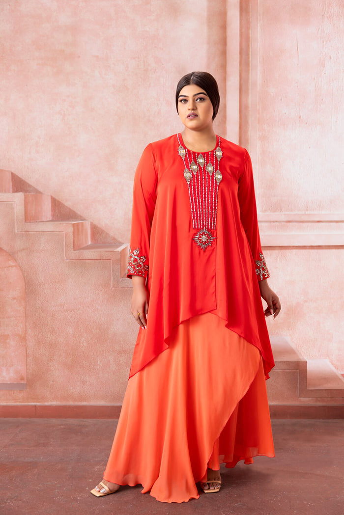 Brahmi- Vermillion Red Asymmetrical  Skirt Set - NSL FASHION PVT LTD