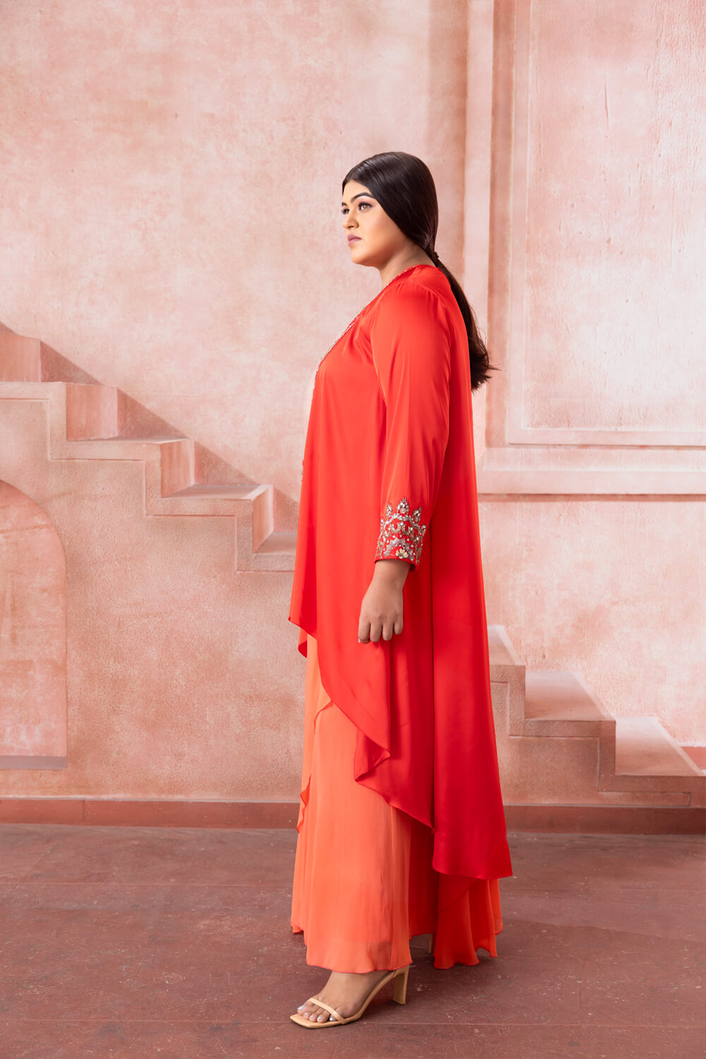 Brahmi- Vermillion Red Asymmetrical  Skirt Set - NSL FASHION PVT LTD