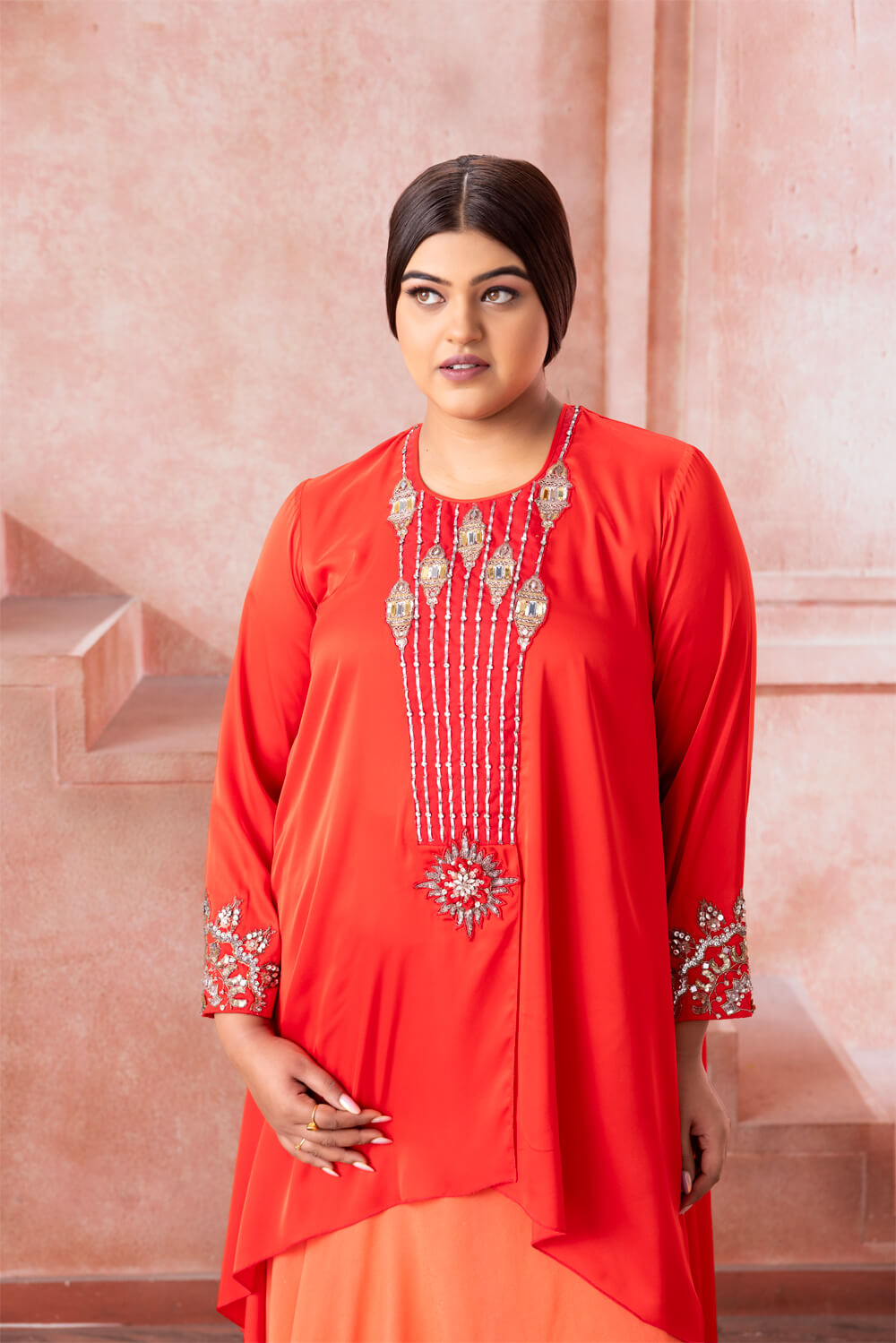 Brahmi- Vermillion Red Asymmetrical  Skirt Set - NSL FASHION PVT LTD